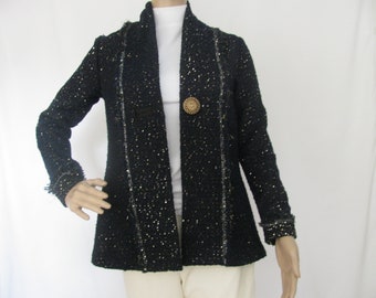 Couture Dark Blue Black Blazer Jacket with Gold Accent Sequins, Fringe Cuffs, Decorative Button Closure, Fully Lined Worn Casual and Formal
