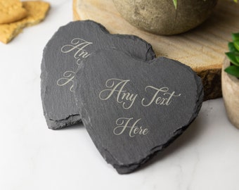 Slate Coaster, Personalised Love Heart Any Text, Any Font, Laser Engraved Gift, Wedding, Birthday, Anniversary, Christmas, Valentines.