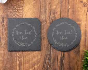 Slate Coaster, Personalised Name & and Text, Laser Engraved Gift, Wedding, Birthday, Anniversary, Christmas. Flo