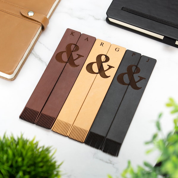 Personalised Leather Bookmark Set With Ampersand & Initials Laser Cut Handmade Gift Birthday Christmas Anniversary