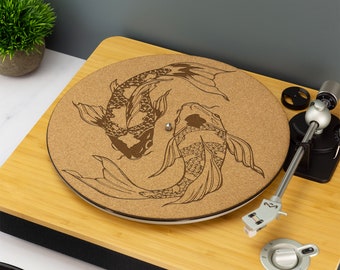 Koi Fish Yin and Yang Record Player Slip Mat TurnTable DJ Slip Mat Laser Engraved