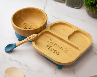 Personalised Bamboo Childrens Dining Set Spoon & Bowl - Custom Engraved Tiny Dining Set 1st Birthday 1st Christmas Weaning Set