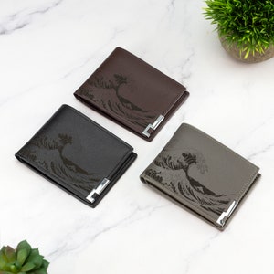 Portefeuille vague japonaise en cuir végétalien, noir marron gris, cadeau portefeuille en cuir Kanagawa pour petit ami mari, cadeau Saint Valentin pour lui