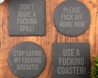 Personalised Slate Coaster Swearing Insults Novelty Laser Engraved Coffee Gift, Wedding, Birthday, Anniversary, Christmas, Rude, Cuss