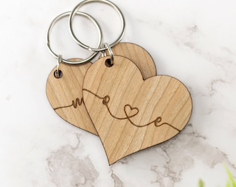 Personalised Wood Heart Keyring Monogram Initials - Couples Gift Pair of Keyrings Wedding Valentines Birthday Christmas