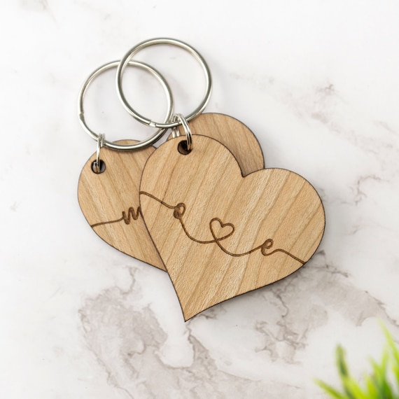 Personalised Wood Heart Keyring Monogram Initials Couples Gift