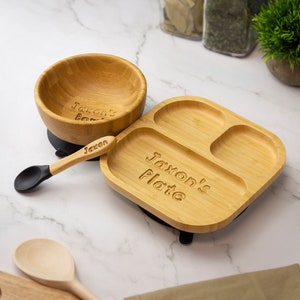 Personalised Bamboo Childrens Dining Set Spoon & Bowl - Custom Engraved Tiny Dining Set 1st Birthday 1st Christmas Weaning Set