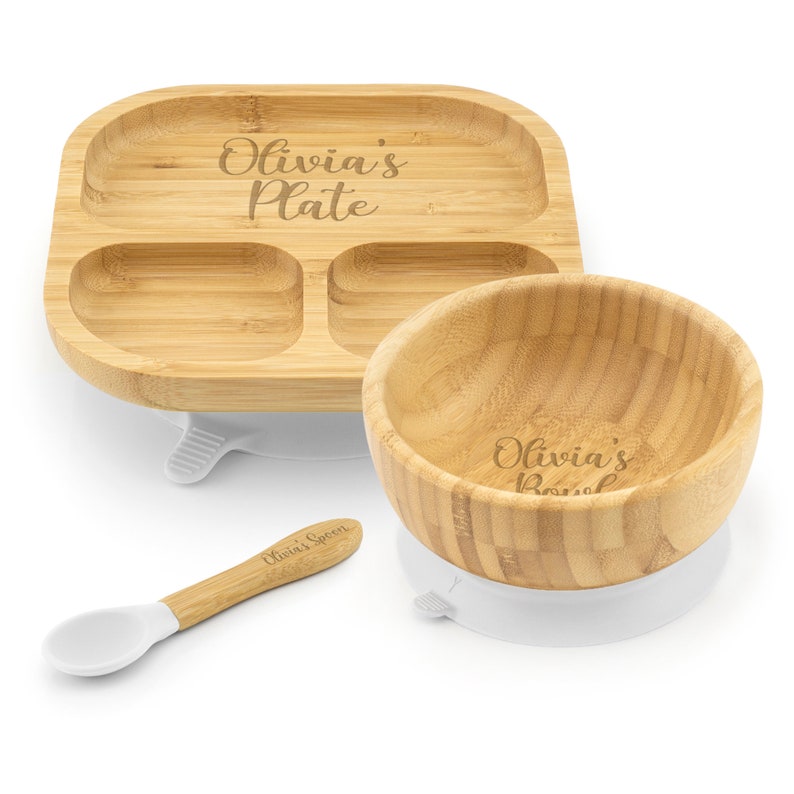 Personalised Bamboo Childrens Dining Set Spoon & Bowl Custom Engraved Tiny Dining Set 1st Birthday 1st Christmas Weaning Set image 6