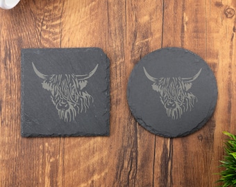 Highland Cow Slate Coaster, Shabby Chic, Laser Gravé, Cadeau, Mariage, Anniversaire, Anniversaire, Noël.