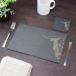 Highland Cow Slate Placemat & Coaster Set Laser Engraved Scotland Shabby Chic Gift