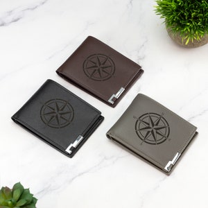 Carteira Compass Couro Vegano Preto Marrom Cinza Couro Carteira de Viagem Presente para Amantes de Aventura