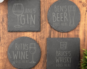 Slate Coaster, Personalised Your Drink Here, Tea Coffee Gin Beer Wine Whisky Laser Engraved Gift, Wedding, Birthday, Anniversary, Christmas