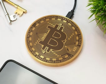 Bitcoin Engraved Wireless Phone Charger Wooden Cell Phone Charger Digital Currency Gift for Crypto Traders