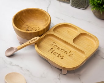 Personalised Bamboo Childrens Dining Set Spoon & Bowl - Custom Engraved Tiny Dining Set 1st Birthday 1st Christmas Weaning Set