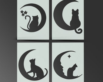 Könnte beinhalten: Vier Schwarz-Weiß-Silhouettenbilder von Katzen, die auf einem Halbmond sitzen. Das erste Bild zeigt eine Katze, die auf dem Mond sitzt, mit Sternen im Hintergrund. Das zweite Bild zeigt eine Katze, die auf dem Mond sitzt, mit dem Schwanz um den Mond gewickelt. Das dritte Bild zeigt eine Katze, die auf dem Mond sitzt, mit dem Schwanz um den Mond gewickelt. Das vierte Bild zeigt eine Katze, die auf dem Mond sitzt, mit einem Stern im Hintergrund.