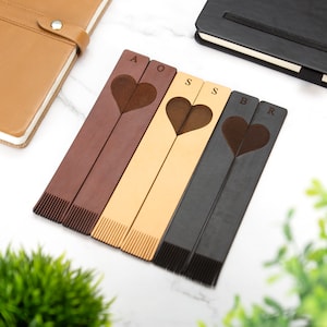 Personalised Leather Bookmark Set With Heart & Initials Laser Cut Handmade Gift Birthday Christmas Anniversary image 1