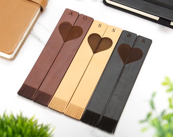 Personalised Leather Bookmark Set With Heart & Initials Laser Cut Handmade Gift Birthday Christmas Anniversary