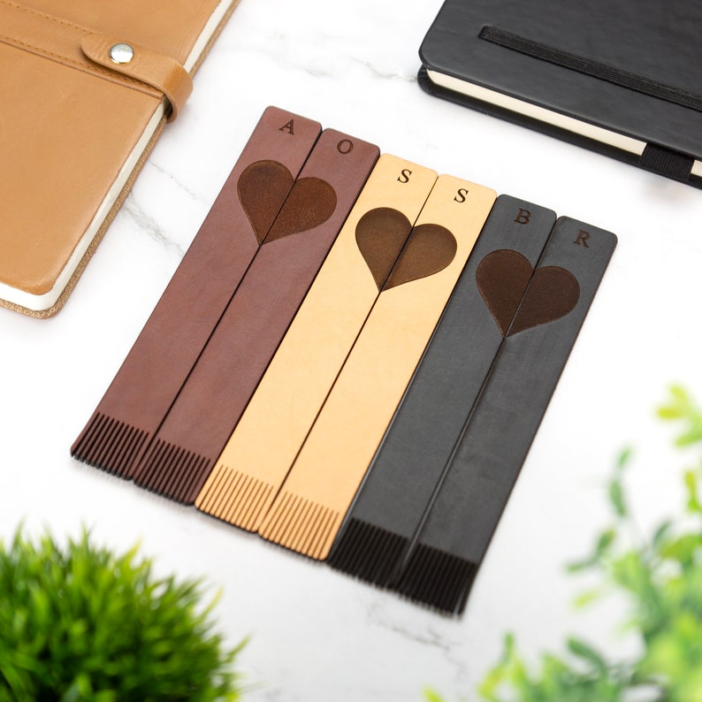 Personalised Leather Bookmark Set With Heart & Initials Laser Cut Handmade Gift Birthday Christmas Anniversary image 1