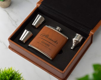 Personalised Leather Hipflask Gift Set 6oz Groom Wedding Stag Groomsman Best Man Leather Whisky For Him Christmas Birthday Gift Present