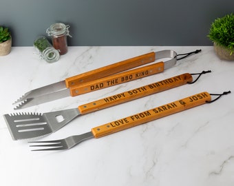 Personalised Barbeque BBQ Set, Custom Engraved Tools Utensils Spatula Tongs Fork Fathers Day Gift Set BBQ Grill Summer Steak