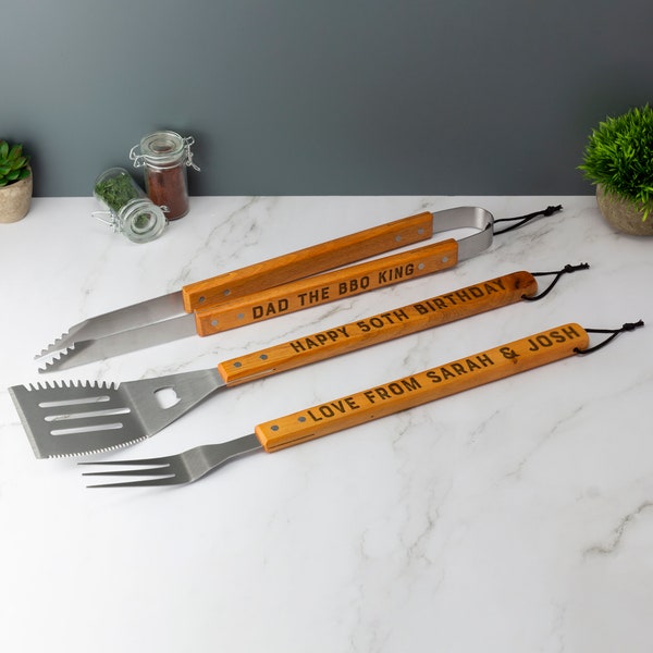 Personalised Barbeque BBQ Set, Custom Engraved Tools Utensils Spatula Tongs Fork Fathers Day Gift Set BBQ Grill Summer Steak