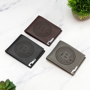 Monedero Bitcoin de cuero vegano, negro, marrón y gris, monedero digital, regalo para comerciantes de criptomonedas.