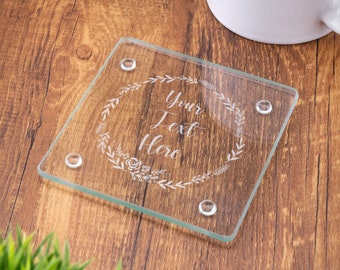 Glass Coaster, Personalised Custom Text Name, Laser Engraved Gift, Wedding, Birthday, Anniversary, Christmas. Flo