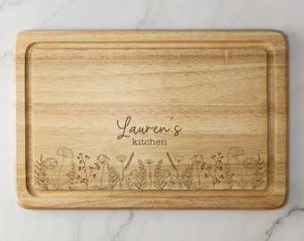 Personalised Wild Flowers Engraved Wooden Chopping Board Cheese Board Serving Board Novelty Gift Birthday Christmas Housewarming Wedding