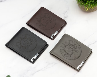 Sun and Moon-portemonnee Veganistisch leer Zwart Bruingrijs lederen Celestial-portemonnee Cadeau voor liefhebbers van spiritualiteit