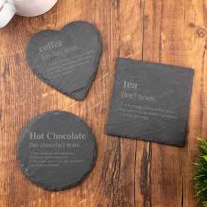 Definição de bebida quente Porta-copos de ardósia, chá, café, chocolate quente, presente gravado a laser, casamento, aniversário, aniversário, Natal