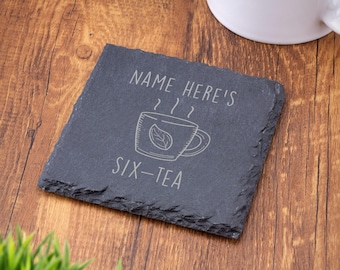 Six Tea Slate Coaster 60th Birthday Gift for Tea Lovers Engraved Drink Mat Novelty Milestone Present for Him or Her