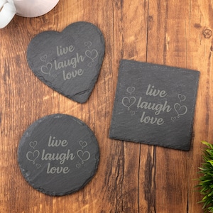 Live Laugh Love Slate Coaster 2, presente gravado a laser, coração quadrado redondo, casamento, aniversário, aniversário, Natal, dia das mães, café, chá