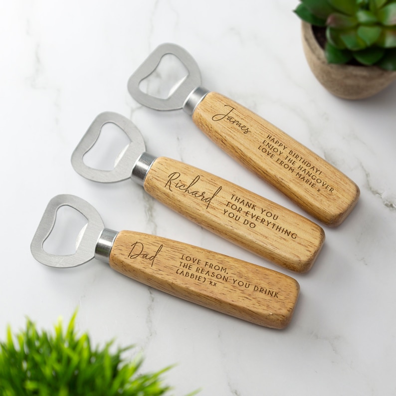 Personalised Bottle Opener Your Text Here 1 Wooden Bottle Opener Laser Engraved UK Fathers Day, Birthday Christmas Gift For Him 