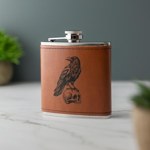 Crow Skull Leather Hipflask Gift Box Set 6oz Laser Engraved Dark Aesthetic Gift