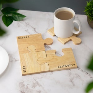 Quebra-cabeça de madeira para porta-copos personalizado, nome personalizado gravado a laser, presente, casamento, aniversário, aniversário, Natal