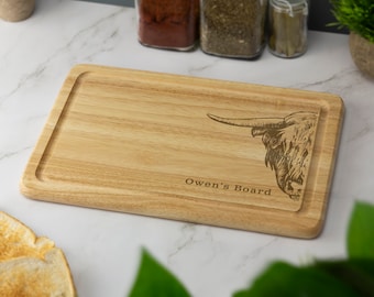 Tabla de cortar de madera con diseño de vaca de las Tierras Altas, tabla de quesos escoceses, tabla para servir, regalo novedoso para cumpleaños, Navidad y inauguración de la casa.
