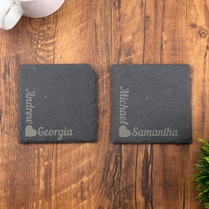 Slate Coaster, Personalised Couples Hearts Your Text Here Laser Engraved Gift, Wedding, Birthday, Anniversary, Christmas, Mothers Day
