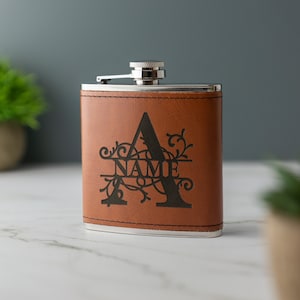 Monogram Name & Initial Leather Hipflask Gift Box Set 6oz Laser Engraved Gift, Wedding, Birthday, Anniversary, Christmas.