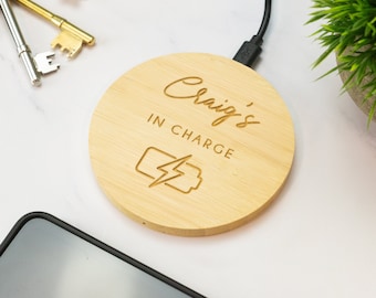 In Charge Custom Wireless Phone Charger Wooden Cell Phone Charger Desk Accessory Gift for Boyfriend Girlfriend Partner