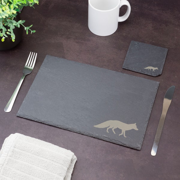 Slate Placemat & Coaster Fox Woodland Autumn Laser Engraved Shabby Chic Gift Personalised Custom