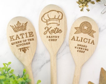 Cuchara de madera grabada personalizada Texto personalizado Hornear Baker Chef Star Baker Su texto aquí Cumpleaños Navidad Housewarming