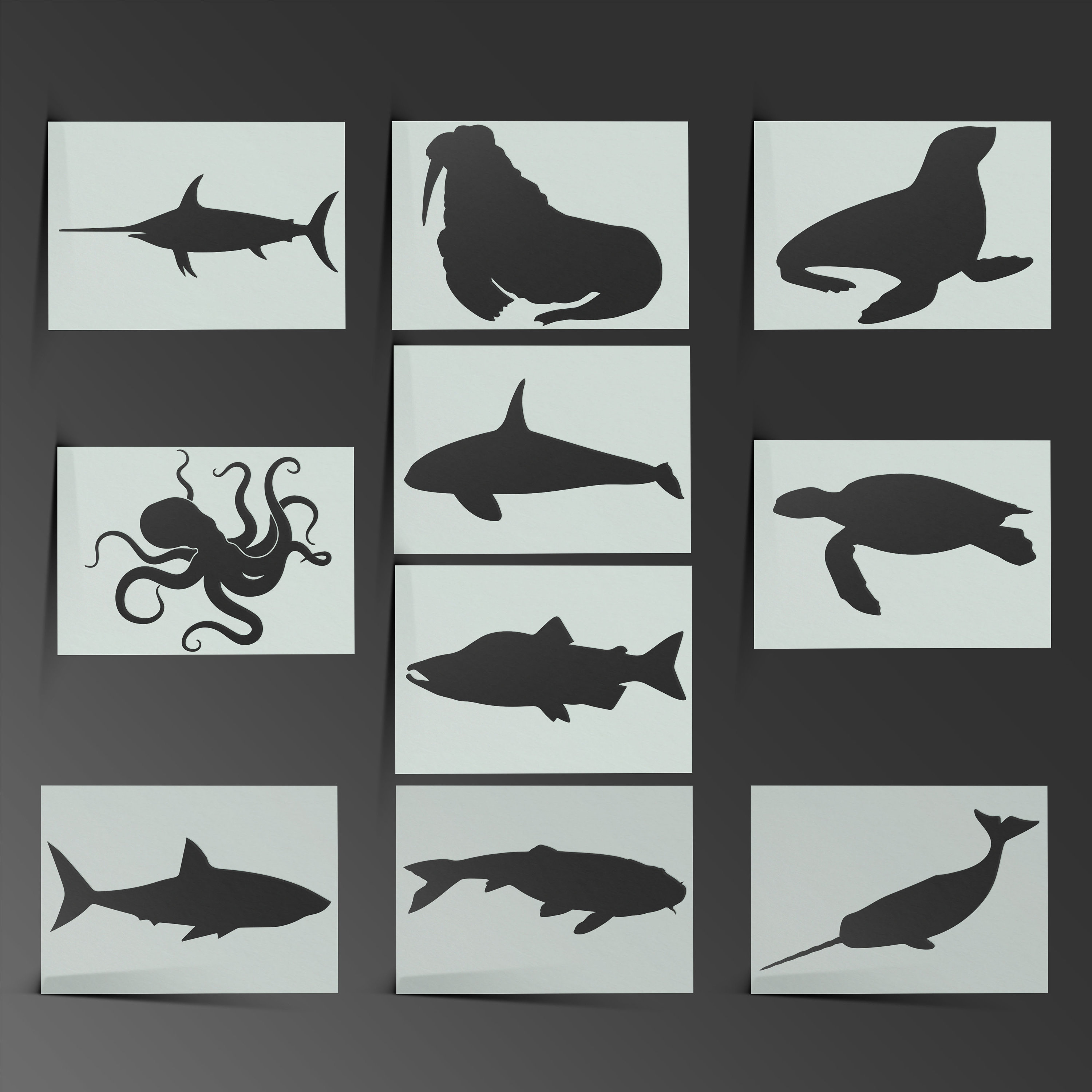 2x Kinder Mal und Zeichenschablone Wasser Hai Wal Land Löwe Fuchs Stencil Tier 