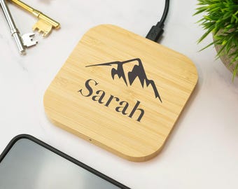Custom Name Wireless Phone Charger Wooden Cell Phone Charger Mountain Hiking Gift for Nature Lovers