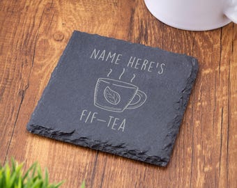 Posavasos de pizarra Fif Tea, regalo de 50 cumpleaños para amantes del té, tapete grabado para bebidas, regalo novedoso para él o ella