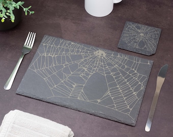 Slate Placemat & Coaster Set Spiderweb Spider Web Halloween Spooky Goth Laser Engraved Shabby Chic Gift Personalised Custom