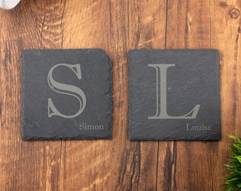 Slate Coaster Personalised Initial Letter & Name, Laser Engraved Gift, Wedding, Birthday, Anniversary, Christmas Imp