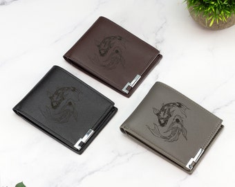 Koi Fish Ying Yang Wallet Vegan Leather Black Brown Grey Leather Spiritual Animal Wallet Gift for Japanese Culture Enthusiasts
