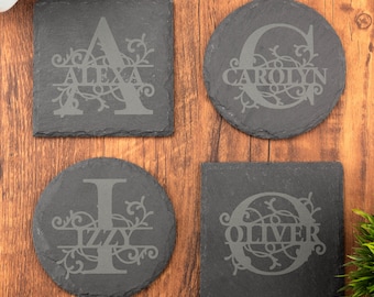 Slate Coaster, Personalised Name and Initial Letter, Laser Engraved Gift, Wedding, Birthday, Anniversary, Christmas. BL