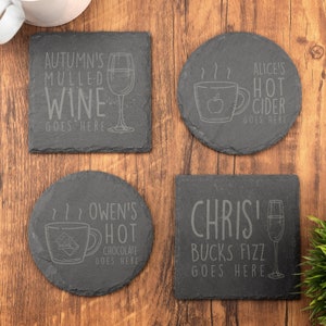 Porta-copos de ardósia de Natal, personalize sua bebida aqui, presente de Natal com gravação a laser de vinho quente com gemada, casamento, aniversário, aniversário