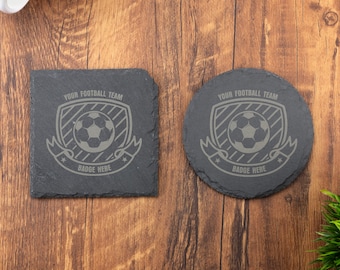 Posavasos con insignia de fútbol, cualquier insignia de equipo, pizarra grabada con láser, 100 mm, café, té, boda, cumpleaños, aniversario, Navidad.